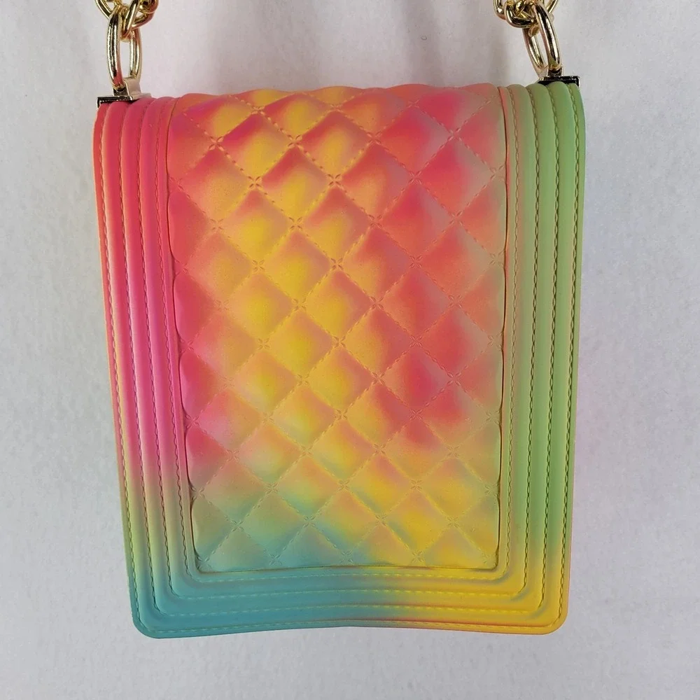 Epicstep Quilted‎ Rainbow Jelly Crossbody Bag Gold Chain Strap Ombre Tie Dye Y2K